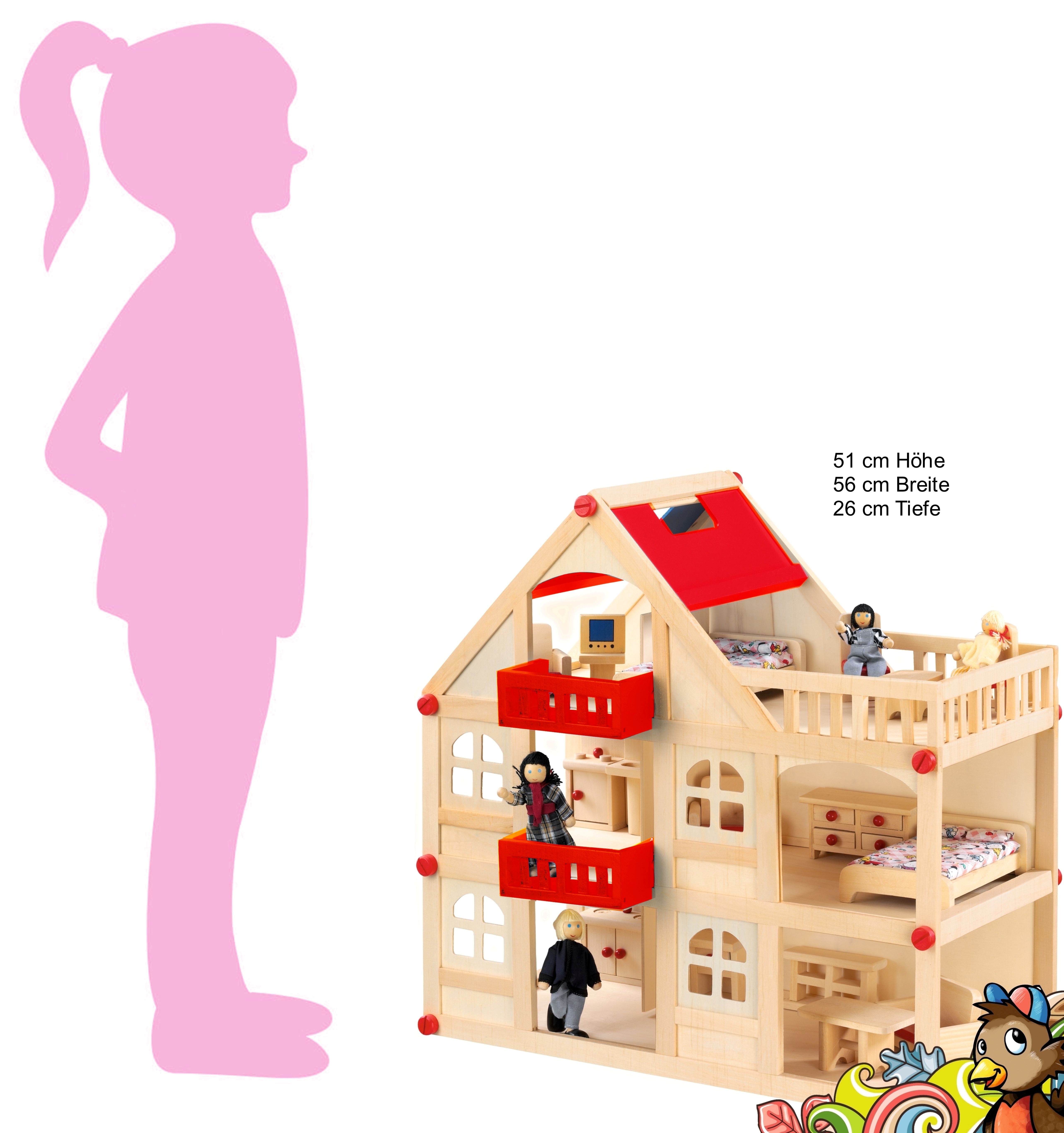 Puppenhaus XL aus Holz mit 4 Puppen und 15 Möbeln 3 Etagen Puppenstube 
