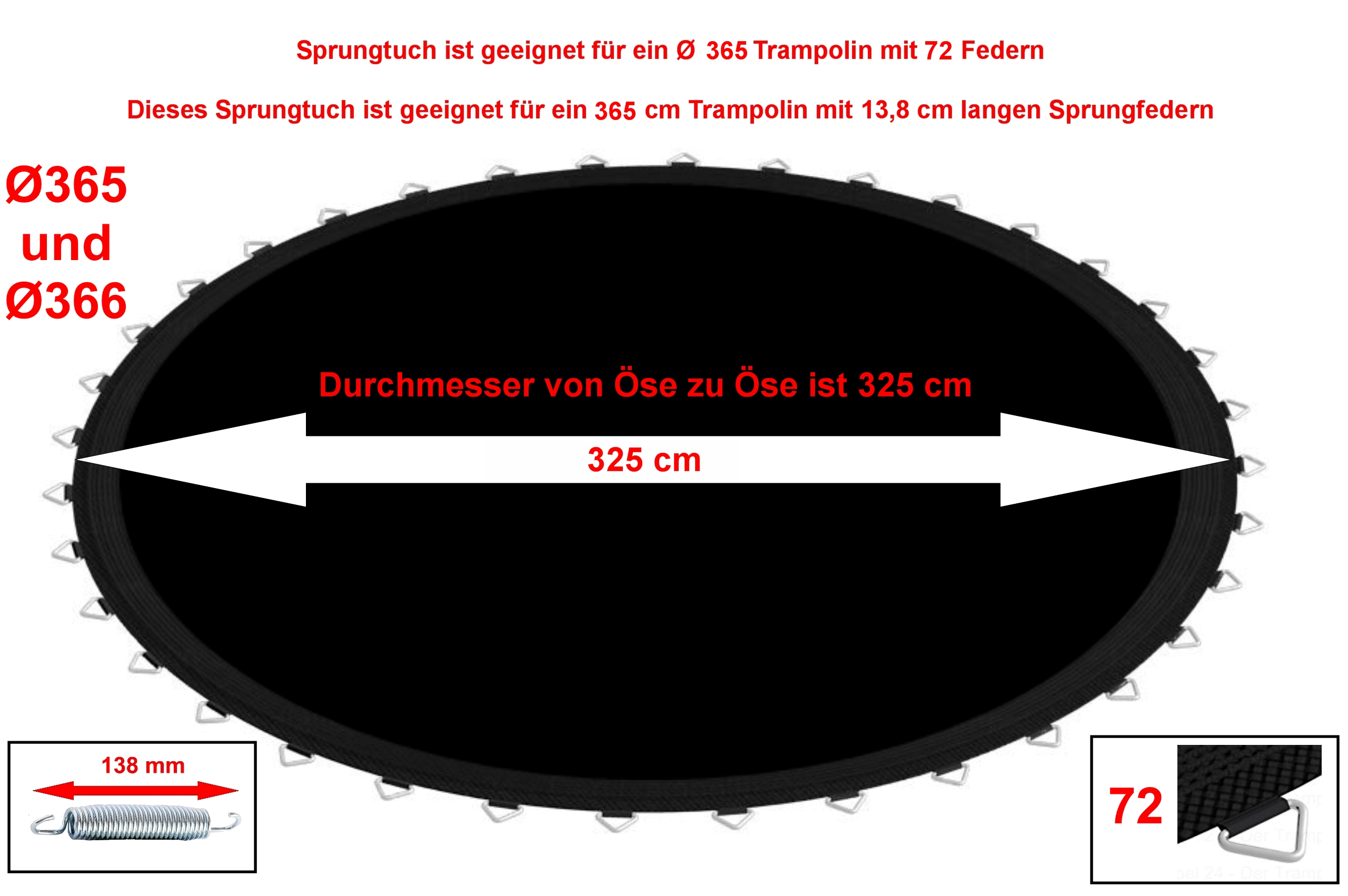 Trampolin Sprungmatte 366 für 72 V-Ringen und federn lange 16,5 cmSprungtuch 